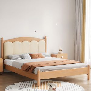 "Wood Grain Modish Natural Wood Standard Kids Bed with Pleather Headboard Coir Mattress Gender Neutral"