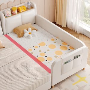 "White Timber Standard Children Bed with Artificial Leather, Footboard, Coir Mattress & Headboard Storage Guardrail Included"